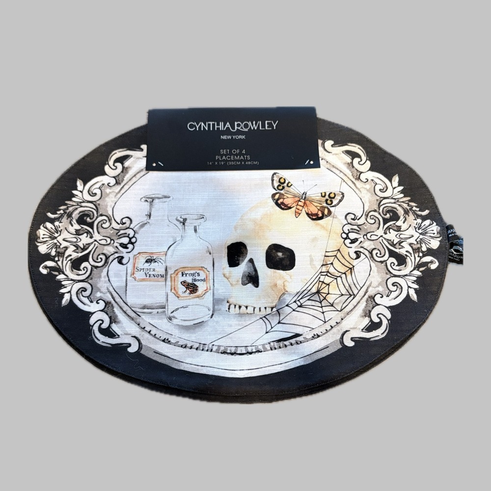 Cynthia Rowley Set of 4 Gothic Skull Butterfly Potion Bottles Oval Placemats